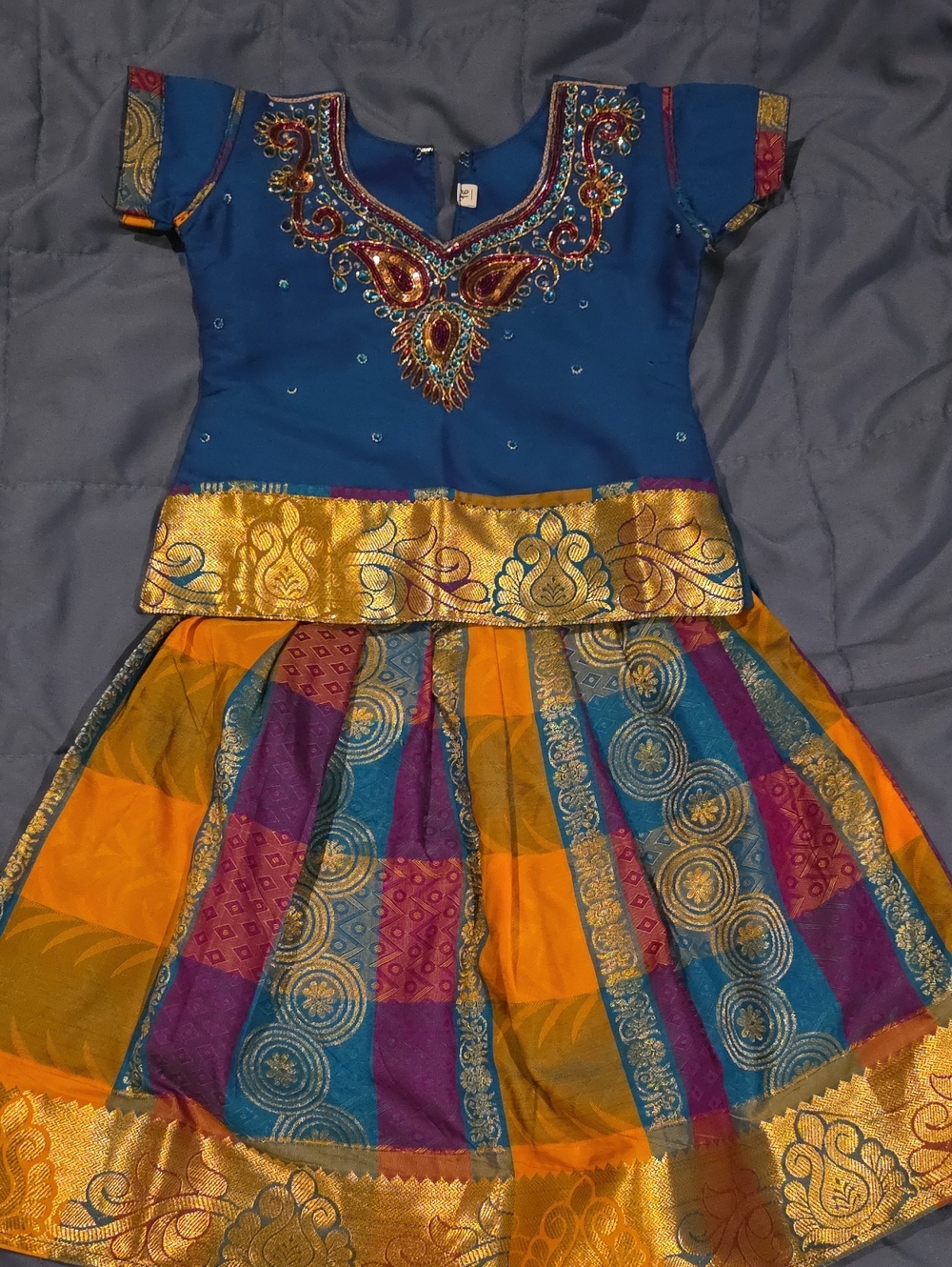 Blue & Gold Embellished Kids Pattu Lehenga 12-16 Months